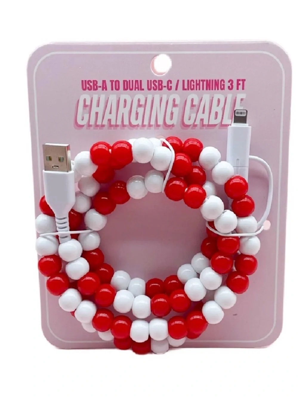 Charging Cable with Red & White Beaded Wrap - USB-A to Dual USB-C/Lightning